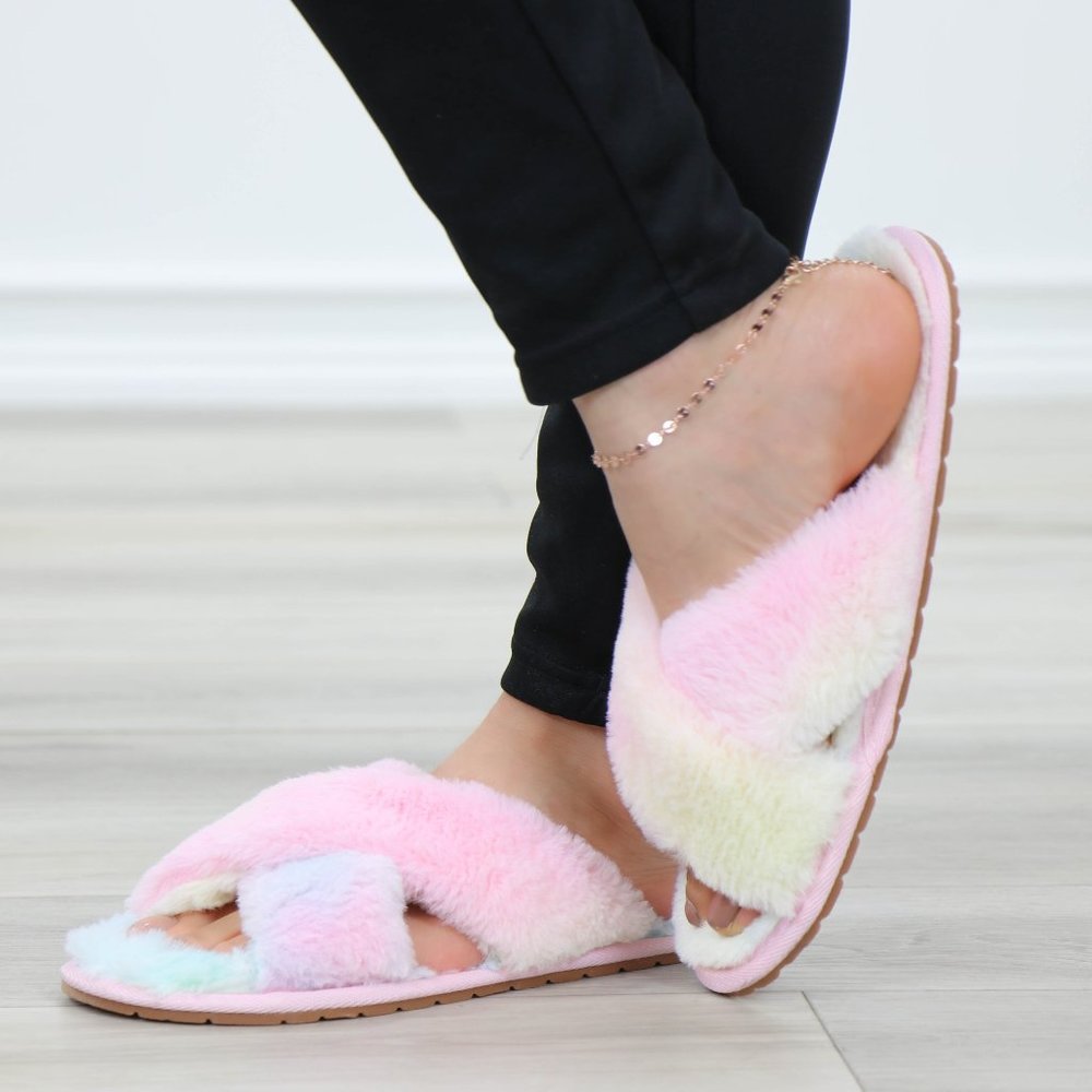 Tie Dye Fuzzy Plush Criss Cross Sandal Sliders - Picture 9 of 16
